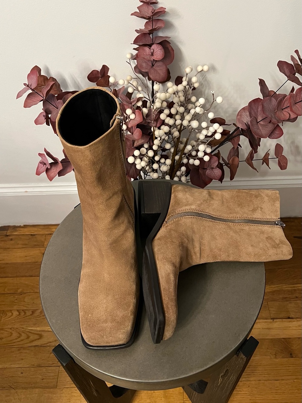 Zara Tan Suede Square-Toe Ankle Boots